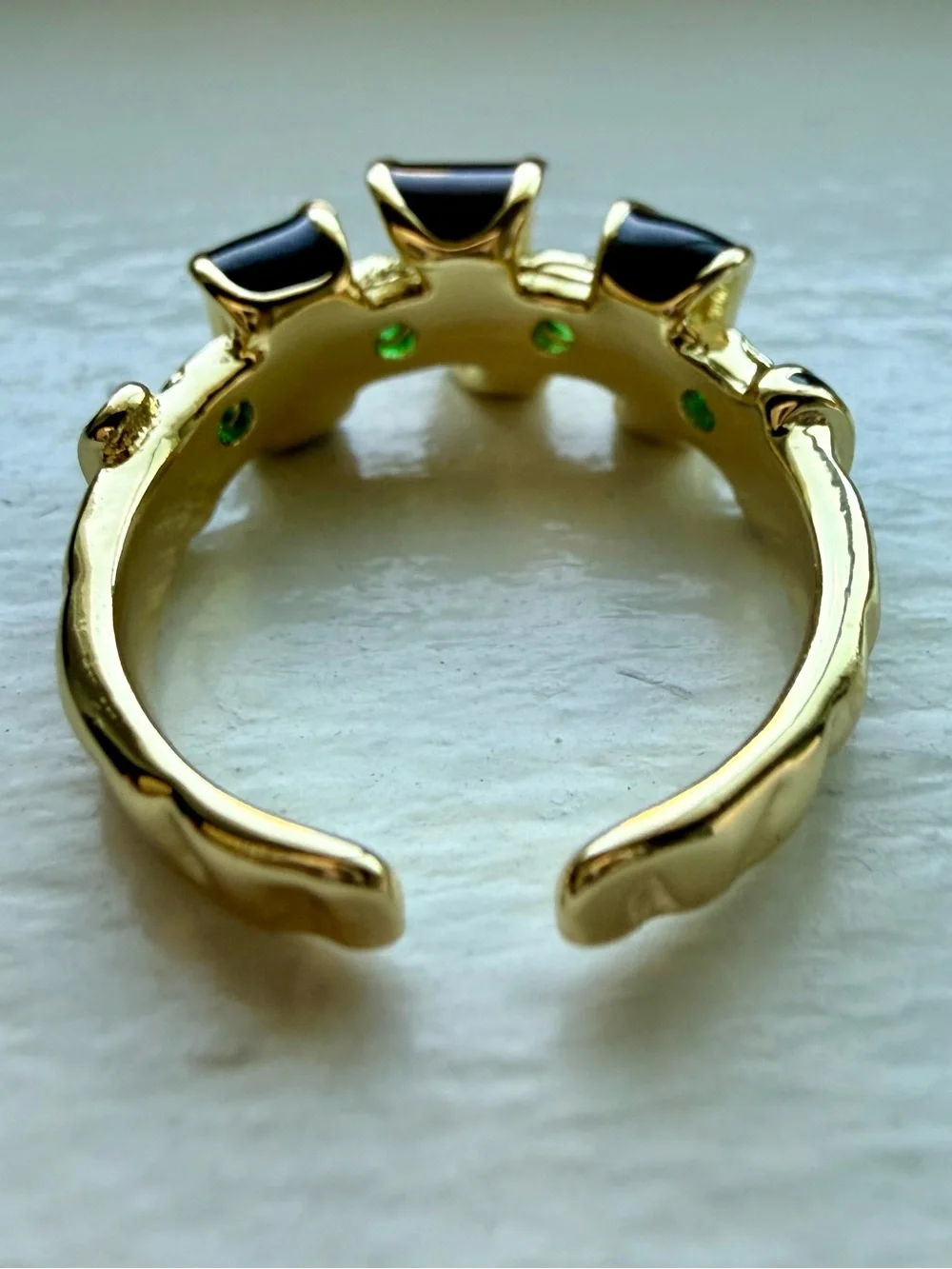 NEW! 18k Yellow Gold Plated & Black Enamel and Green Stone Women's Ring